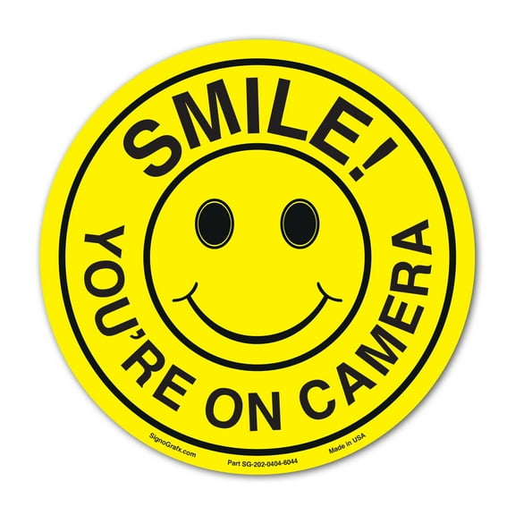 SIGNOGRAFX Smile You're on Camera Sticker Sign, 4 x 4-inch, 05 Pack, Security Sign for Property, Premium Self-Adhesive Vinyl Under Surveillance Sign for Home, Business, Indoor and Outdoor Use