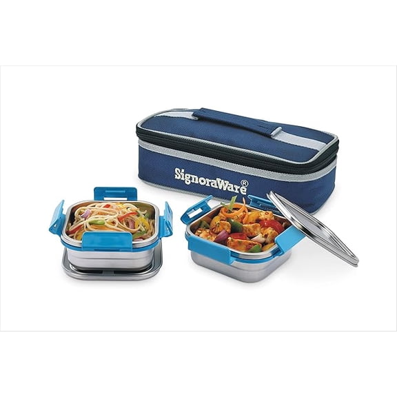 SIGNORA WARE Midday Squarex Steel Lunch Box With 100% Steel Lids And Bag,350Ml+350Ml, Set Of 2, Blue