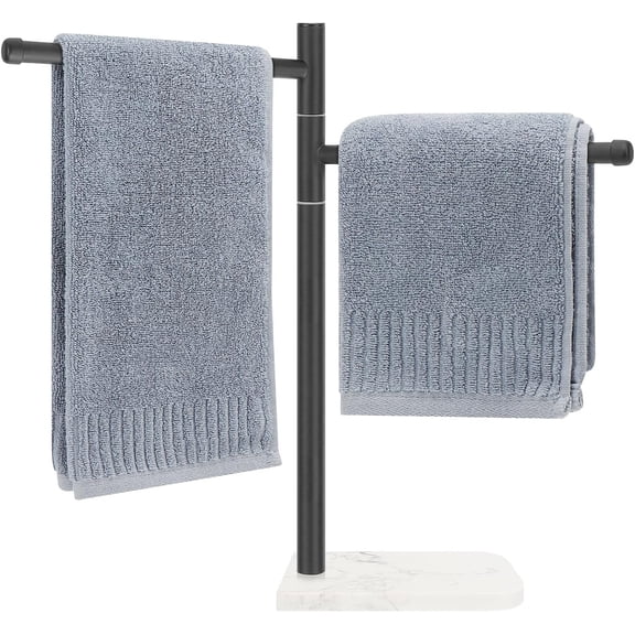 SIGUANG Standing Hand Towel Holder, Hand Towel Stand with Marble Base, 304 Stainless Steel Towel Rack with 2 Swivel Arms, Countertop Stand Towel Ring & Bar for Bathroom, Matte Black