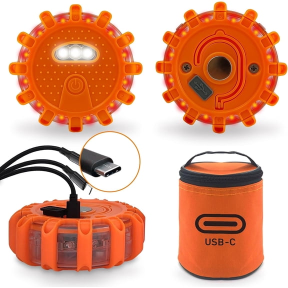 SIGUANG USB-C Rechargeable LED Road Flares Emergency Lights, Large Capacity Lithium Battery, 3-in-1 Cable Roadside Warning Safety Beacon Flashing Disc Kit with Magnetic Base for Vehicles