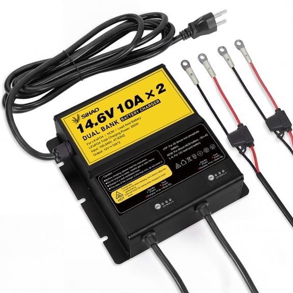 SIHAO 2-Bank 10A Dual Smart Battery Charger, 14.6V LiFePO4 Battery Charger AC-DC Charger with Fuse, LED Indicator for RV, Boat, Motorcycle, Lawn Mower, Trolling motor, Lead Acid Battery