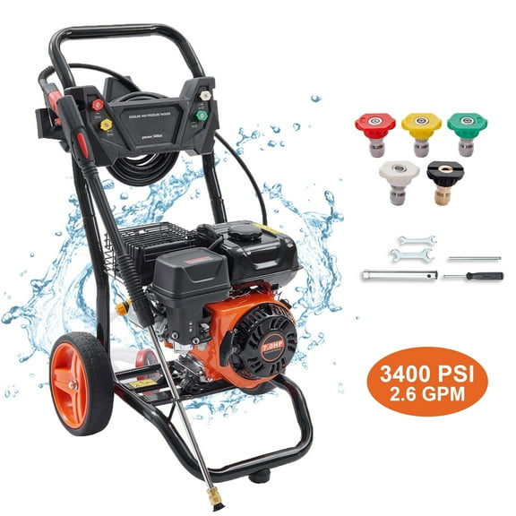 3400 PSI 2.6 GPM Gas Pressure Washer w/26 ft High Pressure Hose 5 Quick Connect Nozzles Gas Powered Washer for Cars/Fences/Driveways/Homes/Patios/Furniture