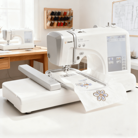 SIHAO MRS-V700 Embroidery Machine for Beginners, 4" x 9.25" Embroidery Area, 150 Built-in Designs, 10 Font Styles, 7" LCD Touch Screen with Hoops, USB, Stabilizer, Bobbins，etc