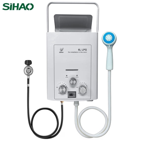 SIHAO Outdoor Propane Tankless Water Heater - 6L 1.6 GPM Portable Gas Water Heater with Handle & Overheating Protection, Instant Hot Water for RV Cabin Camping Boat Barn