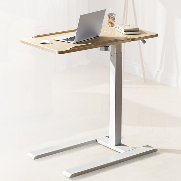 SIHOO D01 Overbed Table, Wood Tabletop, Bed Table with Wheels, Rolling Desk with Pneumatic Mobile Standing Laptop Computer Cart Movable, Bed Hospital Home Use - White Maple