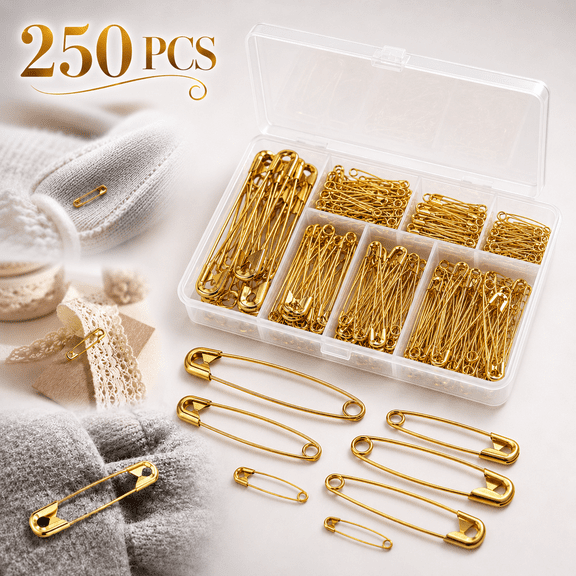 Safety Pins Assorted, 250 PCS Nickel Plated Steel Large Safety Pins Heavy Duty, 6 Different Sizes Safety Pin, Safety Pins Bulk, Small Safety Pins