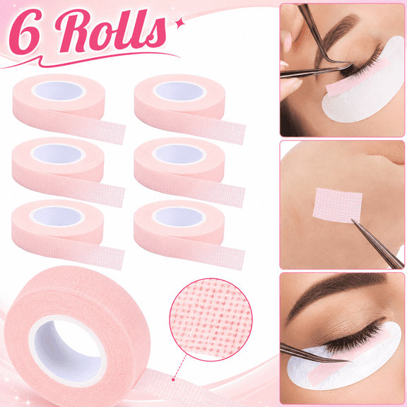 SIISLL Long False Eyelashes, 6 Rolls Adhesive Fabric Eyelash Extension Tape w/ Breathable Micropore Fabric, Pink