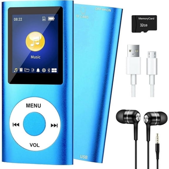 SIISLL Portable MP3 Player with Bluetooth 5.0, 32GB MP3 Player with HiFi Speaker, FM, Earphone, Voice Recorder, Video, Photo Viewer, E-Book Player for Child, Blue, 1 Pack