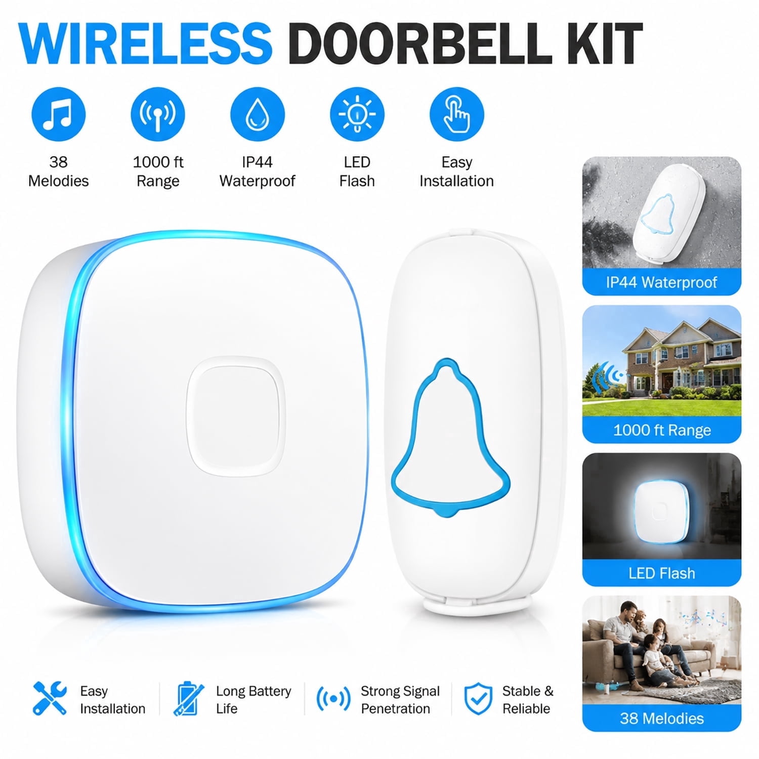 USTOP Wireless Doorbell for Home - Waterproof Outdoor Battery Operate Doorbell Chime with 38 Melodies, LED Flash, 1000 ft Range, Easy Installation (1 Push Button + 1 Receiver), Ideal for Home, Office