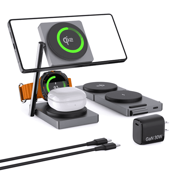 SIKAI CASE 3 in 1 Wireless Charging Station with 30W Adapter Qi2 Magnetic Fast Charger for Samsung Galaxy S25 S24 S23 S22 Ultra Plus Galaxy Watch 7 6 5 4 3 and Buds Adhesive Magnetic Ring