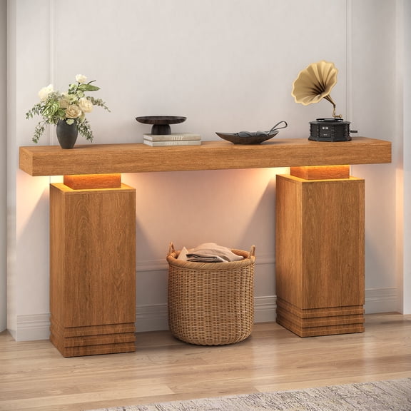 SIKAIC 63'' Fluted Console Table with LED Light & Storage,Sofa Table Behind Couch,Narrow Entry Table for Entryway,Hallway,Living Room,Walnut Brown