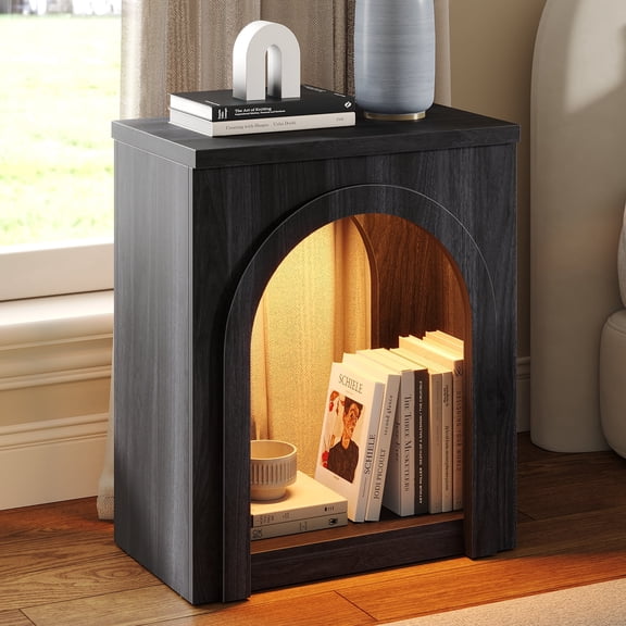 SIKAIC Arched End Table with LED Lights,Wood Nightstand with Storage,Bedside Table with Arch Open Shelf for Bedroom,Black