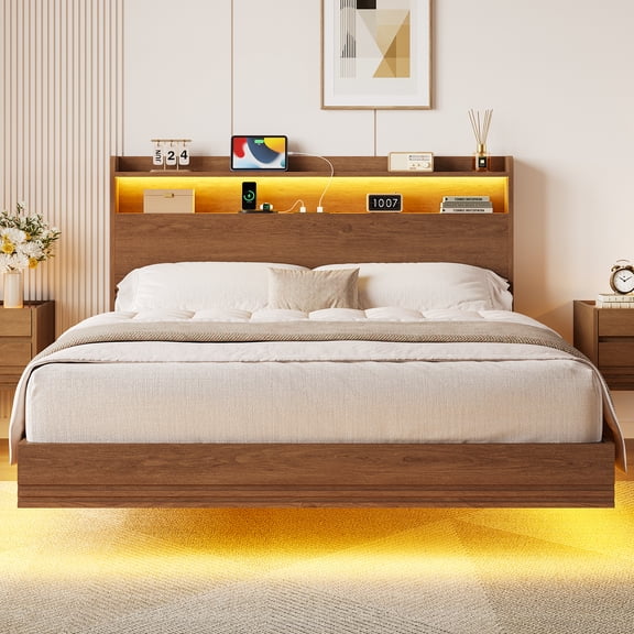 SIKAIC Floating Bed Frame with Storage,Charging Station & Lights Fluted Wood Bed Frame with Storage Headboard for Bedroom,No Box Spring Needed,Walnut