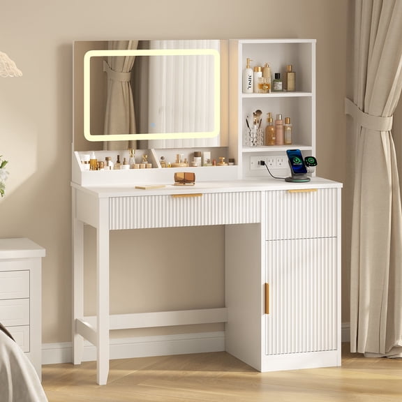 SIKAIC Fluted Makeup Vanity Desk with LED Lighted Mirror,Charging Station,Wooden Dressing Table with Drawers and Shelves for Bedroom,White