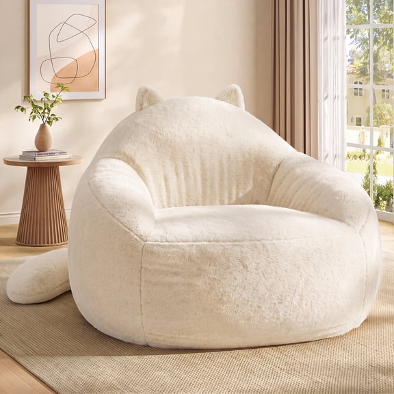 SIKAIC Giant Bean Bag Chair for Adults,Faux Fur Cat Design BeanBag Couch,Memory Foam Filling Comfy BeanBag with Armrests for Reading,Relaxing,Living room,Playing,Cream