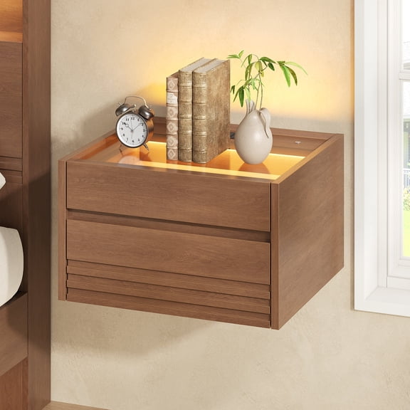 SIKAIC LED Floating Nightstand with Drawers and Charging Station,Wall Mounted with Touch Control Light, Fluted Bedside Table for Small Spaces,Brown