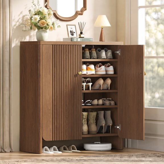 SIKAIC Shoe Cabinet,20-30 Pair Shoes,Fluted 5-Tier Shoes Rack with Doors & Adjustable Shelves for Entryway Hallway Living Room,Walnut Brown