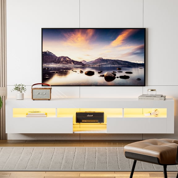 SIKHST Floating LED TV Stand for 85 Inch TV with Glass Shelves and Cabinet, 71 Inch Wall Mounted Modern Entertainment Center Media Console with Storage,Black