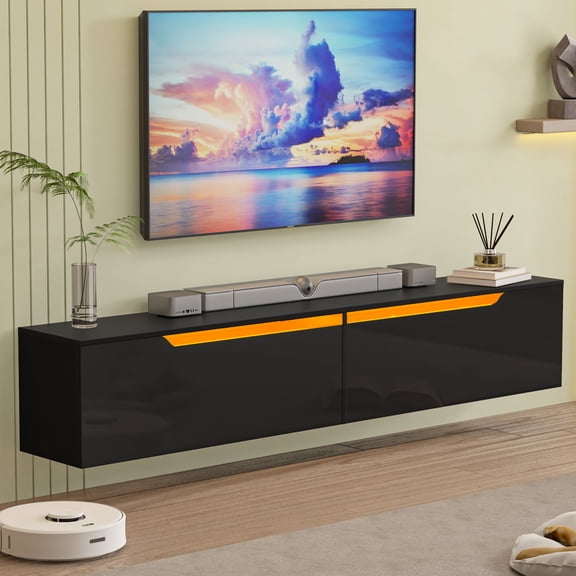 SIKHST LED Floating TV Stand Wall Mounted for 85 inch TV, Media Entertainment Center Console Table with Storage Cabinet for Living Room,Black