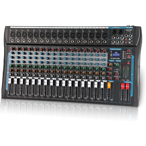 SIKUING Audio Mixer 16-Channel Mixing Console 48V 16-Bit DSP Effect USB Audio Mixer +48V Phantom Power Bluetooth Mixer for Karaoke Studio Streaming Recording, Live Streaming