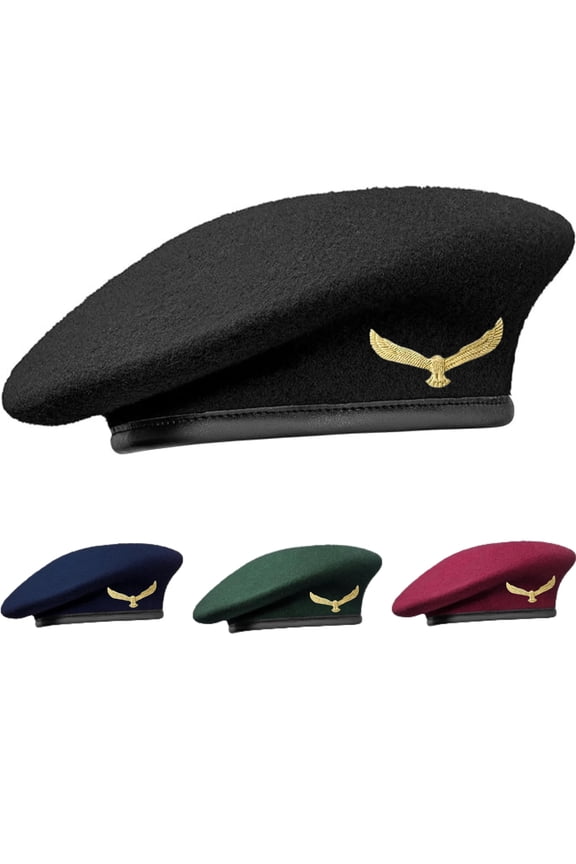 Traditional Style Cap With Metal Eagle Badge – Woolen French Beret Hat for Men and Women