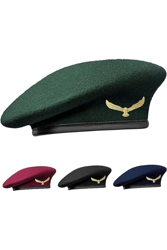 Traditional Style Cap With Metal Eagle Badge – Woolen French Beret Hat for Men and Women