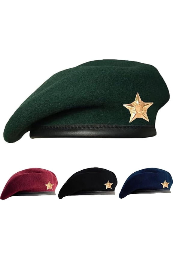 Traditional Style Cap With Metal Star Badge – Woolen French Beret Hat for Men and Women