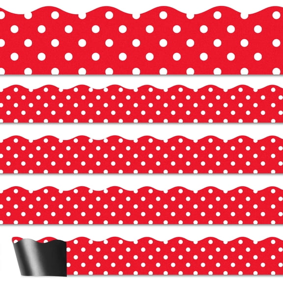 SILENRADAWN Magnetic PVC Border Trim Red Polka Dot Wave for Bulletin Boards and Whiteboards 12Pcs