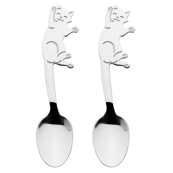 SILENRADAWN 2Pcs Cute Cat Tea Spoons Dessert Serving Silver 11.8*1.2*0.6in 304 Stainless Steel For Home Dining
