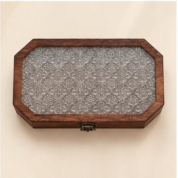 SILENRADAWN Wood Storage Cabinet with Glass Doors and Floral Carvings Coffee Finish