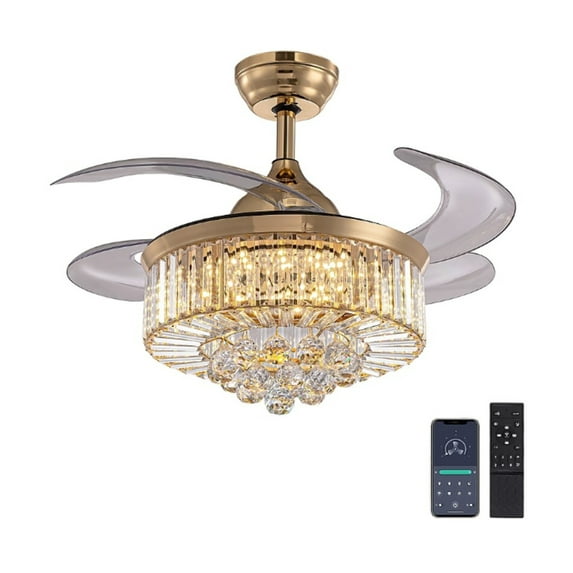SILJOY 36-in Gold Chandelier Retractable Blade Ceiling Fan with Remote Control