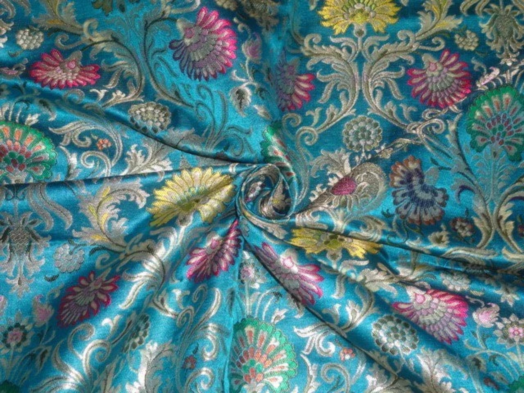 SILK BROCADE FABRIC Aqua BLUE amp; METALLIC Gold and Multi color BRO298 ...