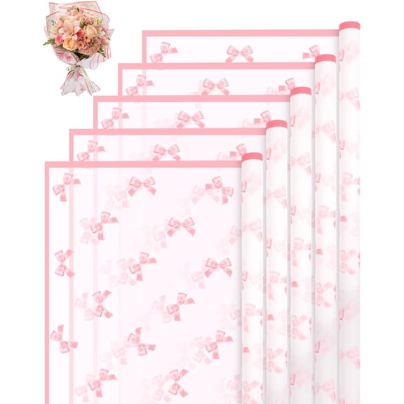 SILKBUT 20 Sheets Flower Wrapping Paper Waterproof Bouquet Paper Bow Pattern Pink Gift Wrapping Paper for Valentine's Day Flower Shop, Wedding, Mother's day, Handmade DIY, Anniversary