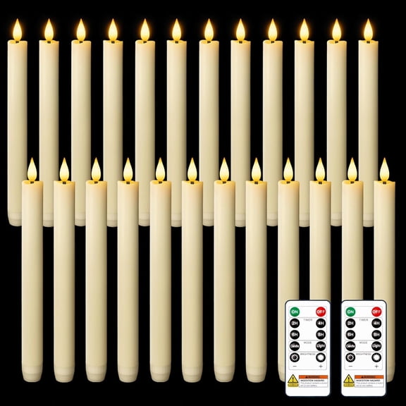 SILKBUT 24 Pcs Waxy Flameless Taper Candles with Remote, Flickering Battery Operated Taper Candles, Led Flameless Candlesticks Classic Tall Candle for Home, Wedding, Party, Ivory, 9.6 inches