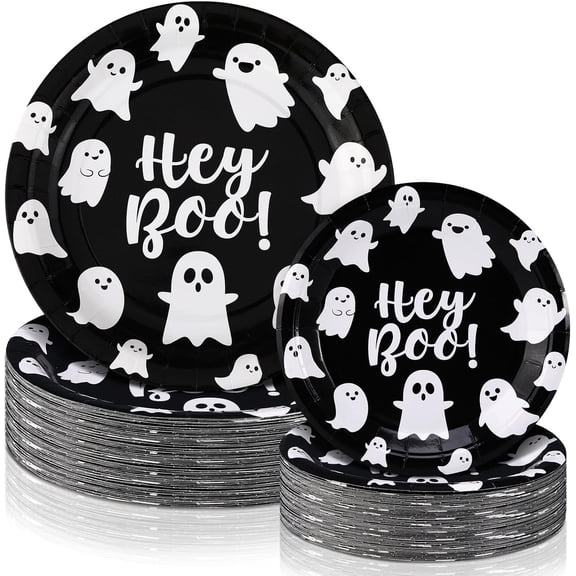 SILKBUT 48 Pcs Halloween Hey Boo Paper Plates Set Include 9 Inch Ghost Disposable Dinner Plates 7 Inch Scary Dessert Plate Tableware for Halloween Birthday Party Supplies