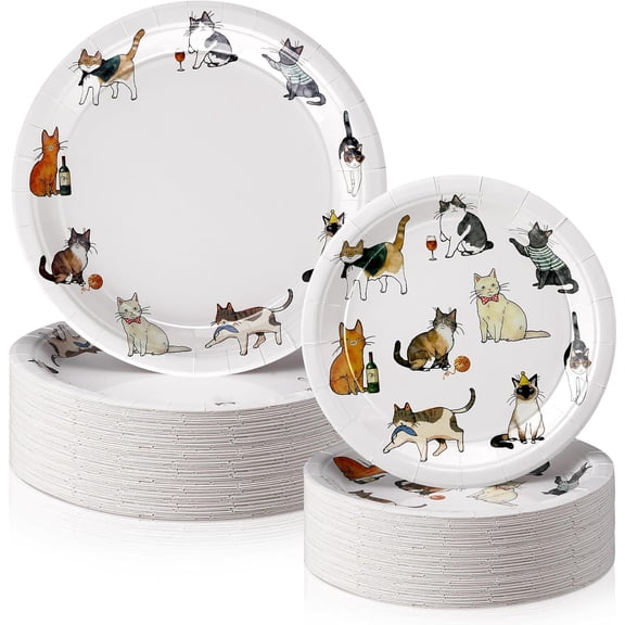 SILKBUT 48 Pcs Sweet Cat Life Theme Paper Plates Set Include 9 Inch and 7 Inch Cute Cat Texture Disposable Plates Spring Summer Decorative Party Tableware for Home Table Party Supplies