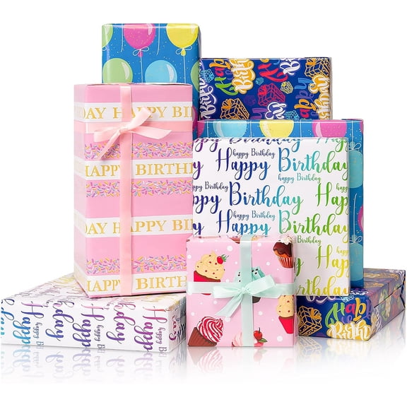 SILKBUT Birthday Wrapping Paper Set - 5 Sheets and 5 Silk Ribbons, Colorful Cupcake Balloon Gift Wrapping Paper, Glossy Coated Gift Wrap for All Girls Boys Women Men Birthdays Party (27.5x19.6inch)