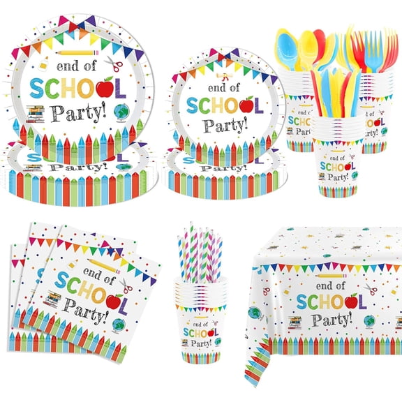 SILKBUT End of School Party Decorations Tableware Set 193 Pcs, School Out Graduation Disposable Plates Cups Napkins Cutlery with Plastic Tablecloth for Kids Classroom Graduation Party
