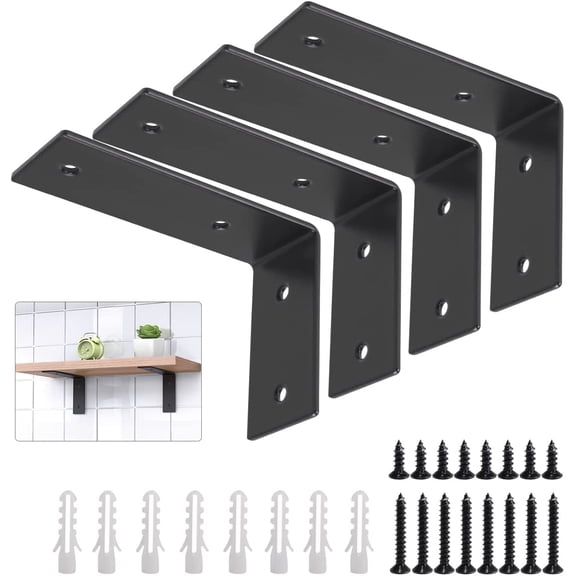 SILKBUT L Brackets Heavy Duty, 5x3x1.8 Inch Stainless Steel Shelf Brackets Wall Mounted for Floating Shelves Industrial Farmhouse, Includes Hardware, Rustic Black, Pack of 4
