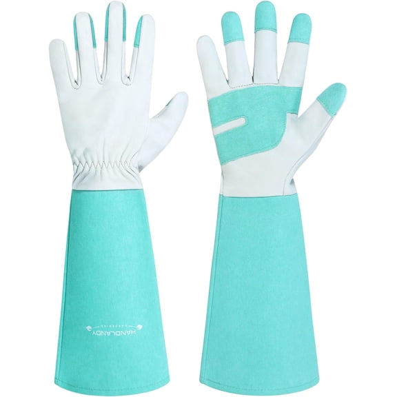 SILKBUT Long Gardening Gloves for Men & Women, Thorn Proof Rose Pruning Gloves Leather Gauntlets Garden Glove Yard Work Glove (Teal Green, Medium)