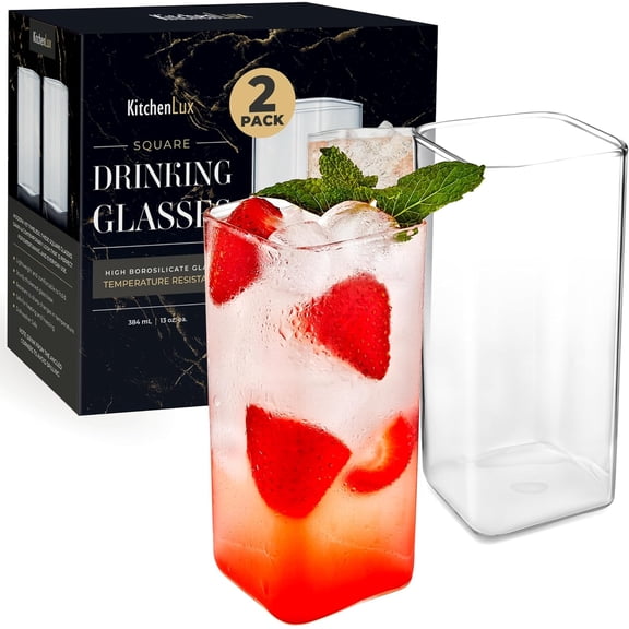 SILKBUT Square Drinking Glasses Set of 2 - Square Glass Cups 12 oz - Modern Glassware Set - Trendy Aesthetic Glass Ware for Highball Whiskey Cocktail Beer Water Tea Iced Coffee - Bar Accessories