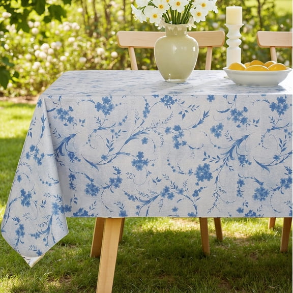 SILKBUT Vinyl Tablecloth with Flannel Backing for Rectangle Tables 60 x 84 Inch, Waterproof Non Slip Floral Plastic Tablecloth, Heavy Duty Table Cover for Dining, Party, Indoor, Outdoor, Blue