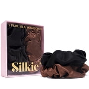 SILKIE x2 Set 100% Pure Mulberry Silk Cream Coffee Black Large Oversized Scrunchies Silk Travel Pouch Hair Ties Elastics Hair Care Premium Ponytail Holder No Damage Cocoa