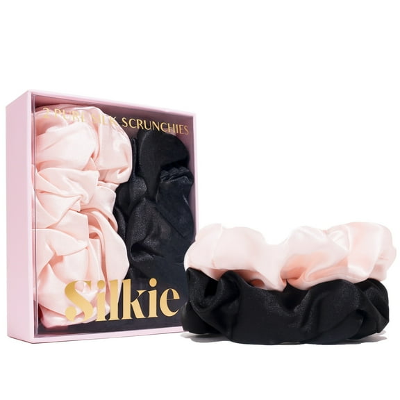 SILKIE x2 Set 100% Pure Mulberry Silk Pink Black Large Oversized Scrunchies Silk Travel Pouch Hair Ties Elastics Hair Care Premium Ponytail Holder No Damage (Classic)