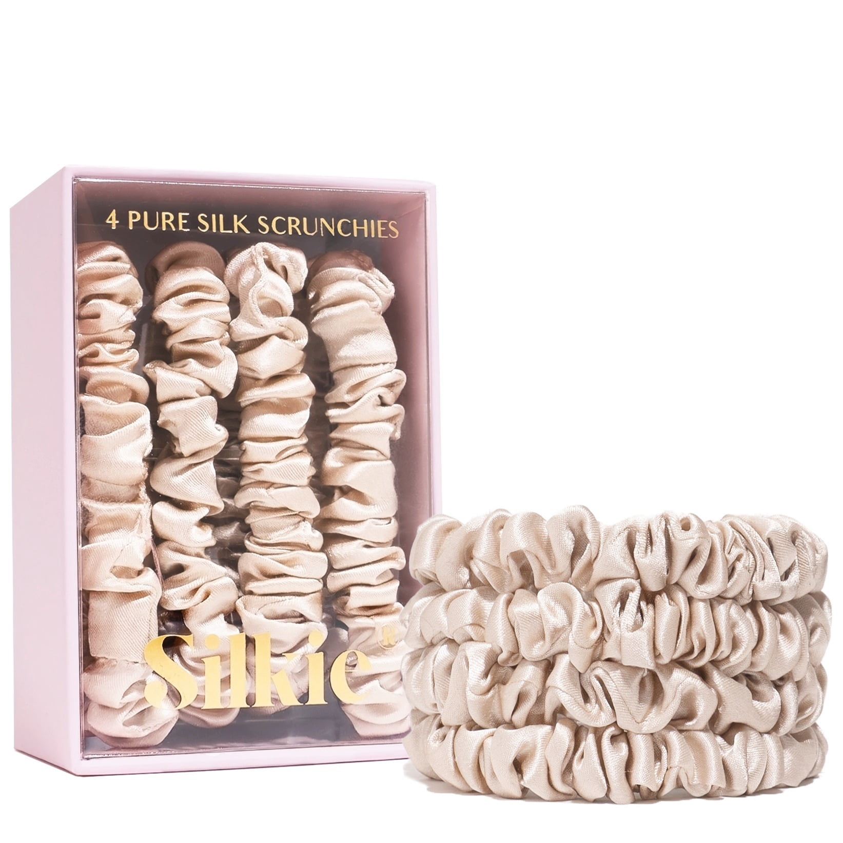 4-Pack Mulberry Silk Hair Scrunchies Skinny Elastics No Damage Pouch Slipsilk Silk Scrunchies - Anti-Crease Hair Ties | Beauty  main image 4