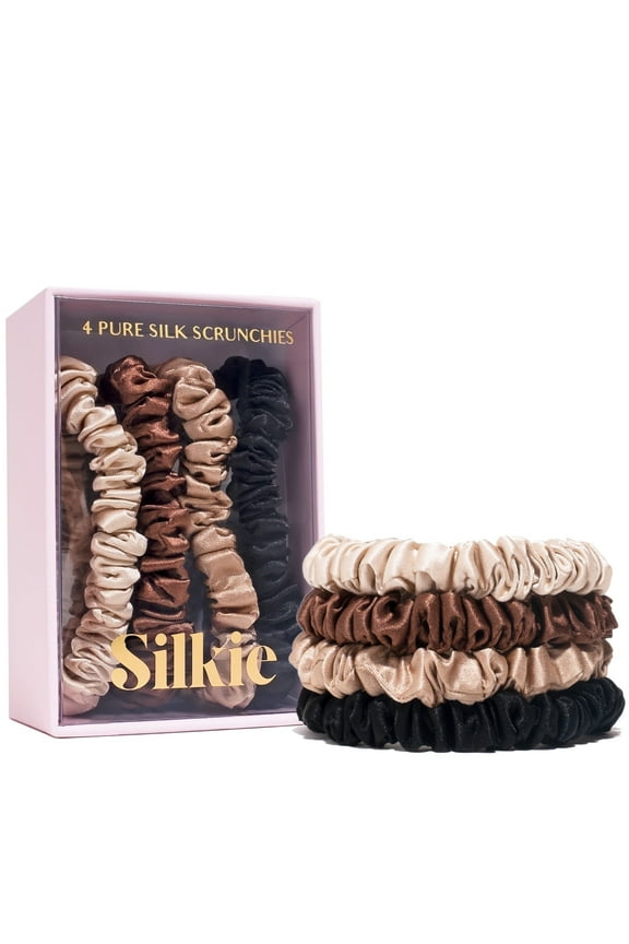 x4 Set - Forget Satin - 100% Pure Mulberry Silk Black Brown Skinny Scrunchies Travel Pouch Everyday Hair Ties Elastics Hair Care Ponytail Holder No Damage (Chocolate)