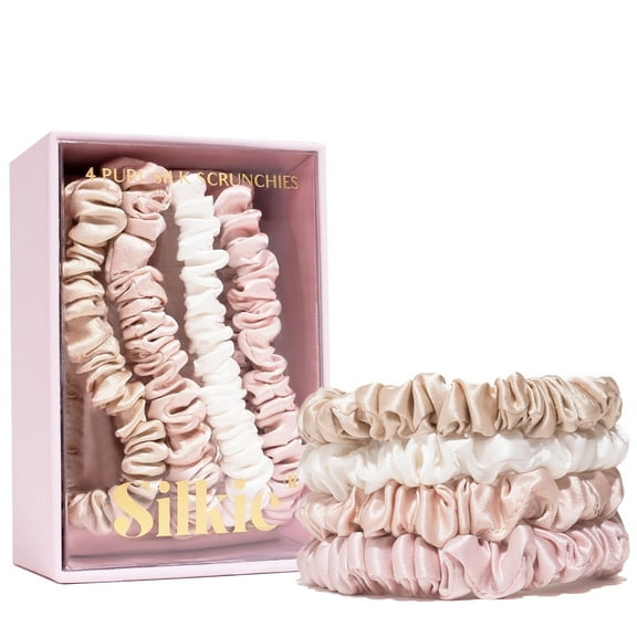 SILKIE x4 Set - Forget Satin - 100% Pure Mulberry Silk White Pink Skinny Scrunchies Travel Pouch Everyday Hair Ties Elastics Hair Care Ponytail Holder No Damage (Nudes)