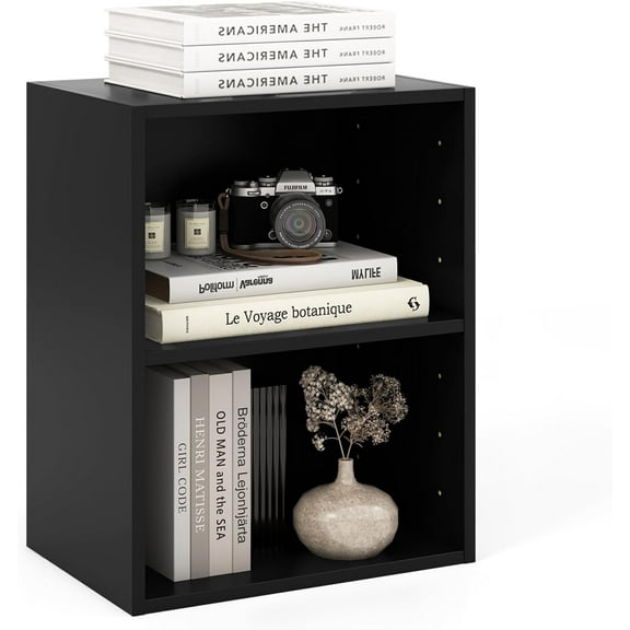 SILKYDRY 2 Cube Shelf, Wood Cubby Storage Organizer, 2 Shelf Bookcase with Adjustable Shelf, 21" Low Shelves, Small Bookshelf for Small Spaces, Bedroom, Living Room, Back Panels (Black)