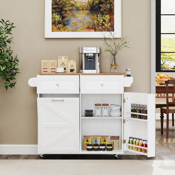 SILKYDRY Rolling Kitchen Island with Trash Can Storage Cabinet, Drop Leaf Breakfast Bar Table, Towel Holder, 2 Drawers & Door Racks, 4 Rubber Wheels, Wood Island Table for Kitchen (White)