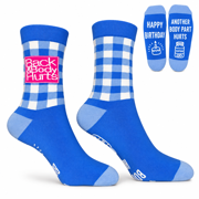 SILLY OBSESSIONS Funny Birthday Socks for Women and Men, Back & Body Hurts Aging Humor,  Happy Birthday, Another Body Part Hurts  Non-Slip Grips, Soft Cotton Blend Crew Socks, Gift-Ready Box